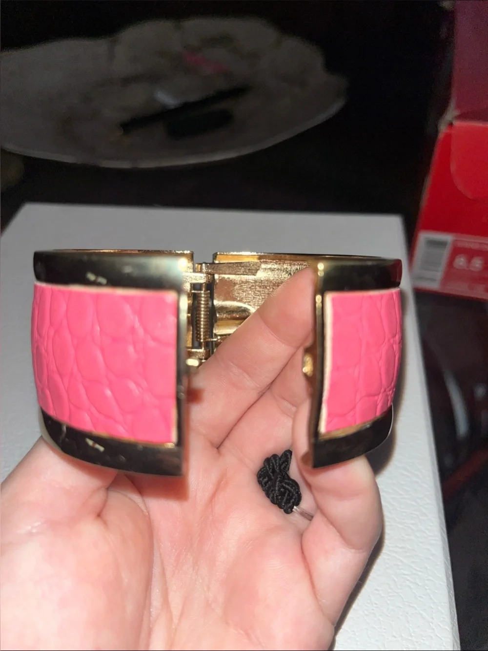 Pink Leather-Textured Statement Braclet/Cuff